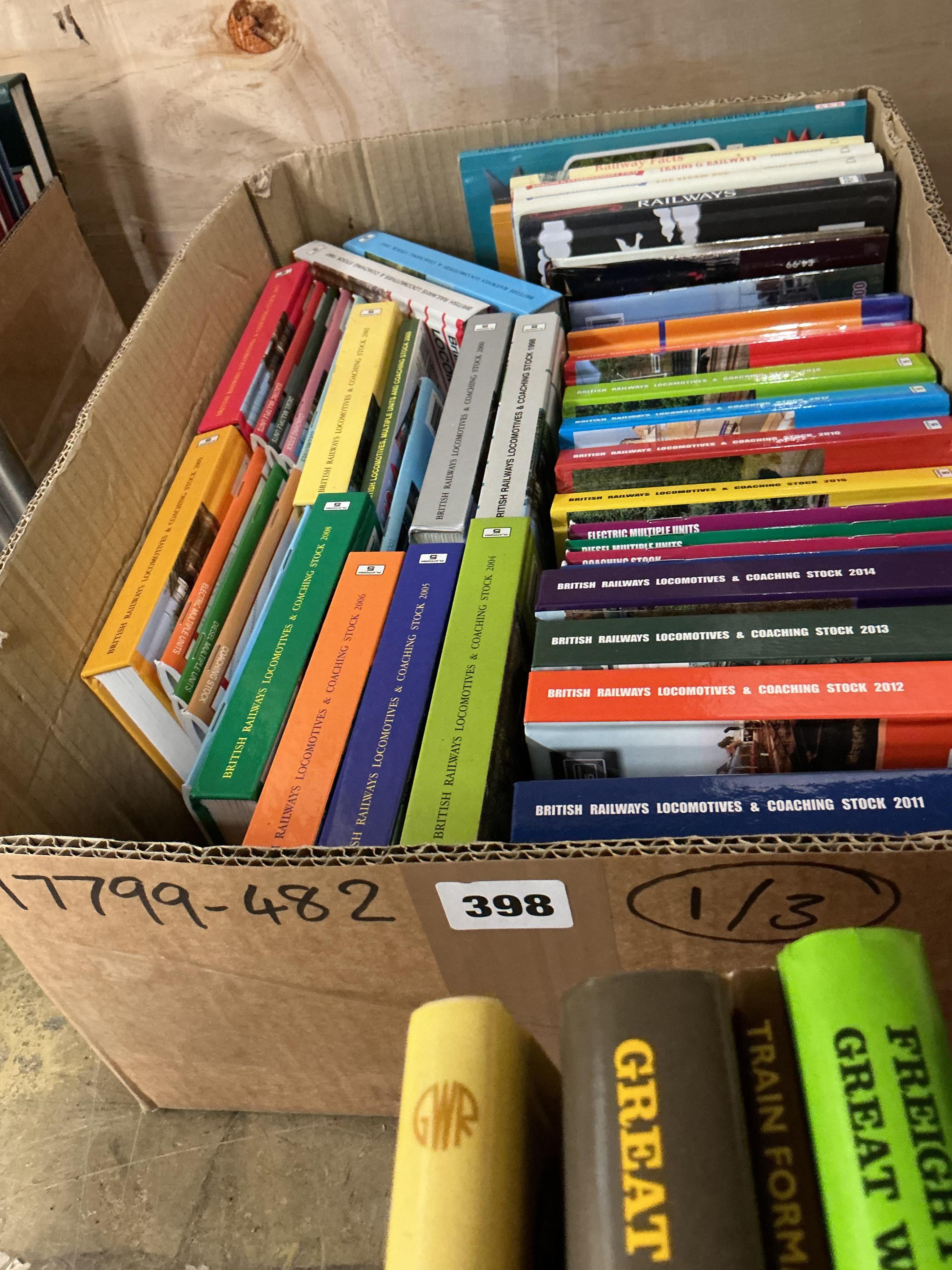 Three boxes of railway related books, subjects include; British Railways Locomotives & Coaching Stock year books, GWR, Swindon Steam, London and South Western Railway, Great Western Coaches, etc., publishers include; Pla
